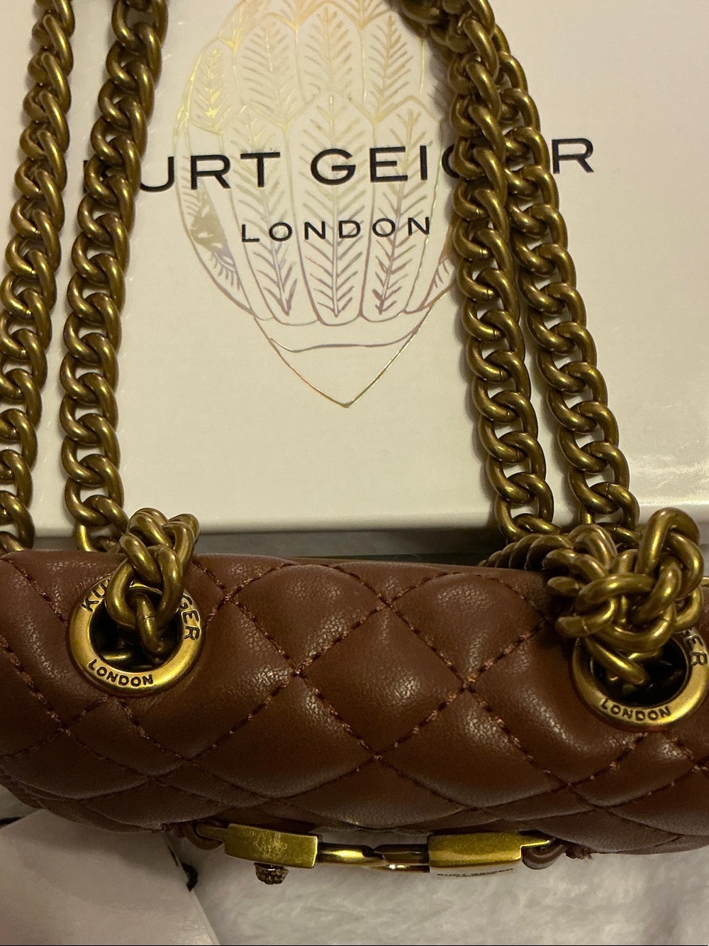 Kurt Geiger Quilted Brown Leather Micro Kingsley Crossbody chain purse 👜 - Picture 3 of 7